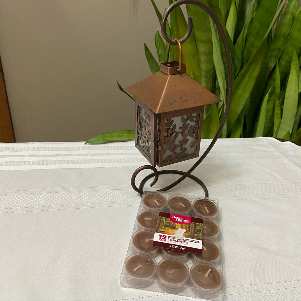 Lantern Tea Light Holder Rustic Copper Colored Frosted Glass IncludesTea Lights